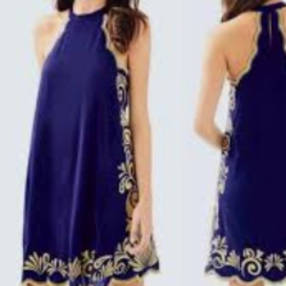 Lilly Pulitzer Quinn Dress True Navy Gypset Swirl Gold - Picture 1 of 15
